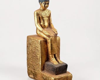Egyptian Imhotep Statue: Seated heavy stone gold leaf Figure, Made in Egypt