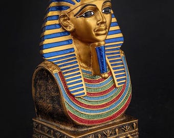 Tête du roi Toutankhamon : réplique en pierre noire dorée peinte à la main fabriquée en Égypte