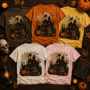 May include: Five short-sleeve t-shirts in brown, orange, yellow, cream, and light pink, each featuring a graphic of a haunted house, a skeleton, pumpkins, bats, and the word Boo. The shirts are arranged on a dark wooden surface with autumn leaves.