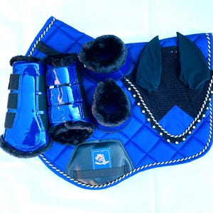 Horse Saddle Pad Set: Brushing Boots, Bell Boots, Ear Net Crystal Border