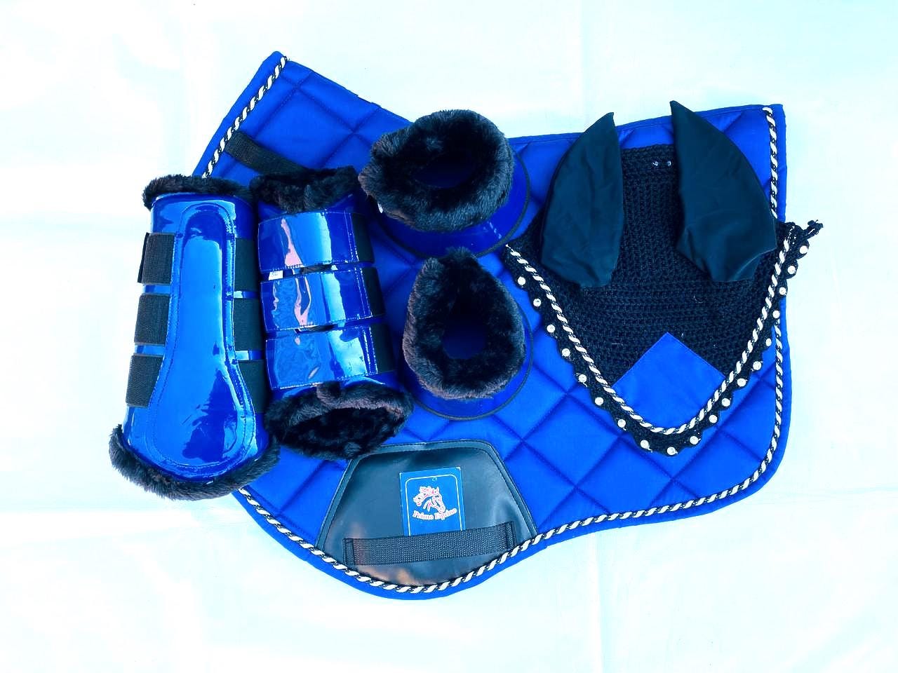 Top Quality Horse Racing Saddle Pad Matching Set Brushing Boots Bell Boots Ear Net PolyCotton Material