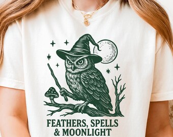 Owl Witch Shirt, Comfort Colors Retro Woodland Tee, Night Owl Celestial Shirt, Folk Art Bird Lover Gift, Witchy Boho T-shirt Magic, Moon Tee