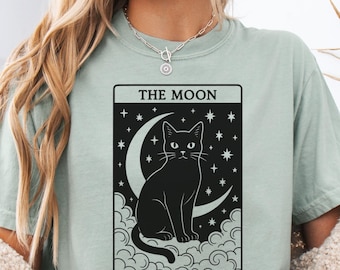 The Moon Cat Tarot Shirt, Comfort Colors® Black Cat Tee, Celestial Witchy Cat Shirt, Lunar Tarot Card Gift, Cat Mom Gift, Witchcore Clothing