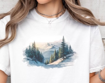 Camiseta de acuarela de montañas nevadas, camiseta Comfort Colors® Nature, escena de montaña realista, camiseta retro de senderismo Forestcore, camiseta de camping