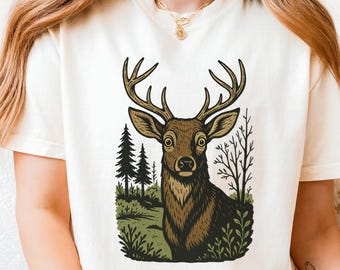 Vintage Elk in Forest Shirt, Funny Wilderness Comfort Colors® Tee, Retro Hiking Gift, Nature Lover Adventure T-shirt, Camping Graphic Tee