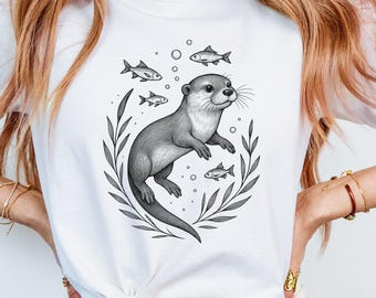 Vintage Otter River Shirt, Comfort Colors® Nature Tee, Swimming Otter Line Art Graphic, Retro Fish & Water Plant T-shirt, Otter Lover Gift
