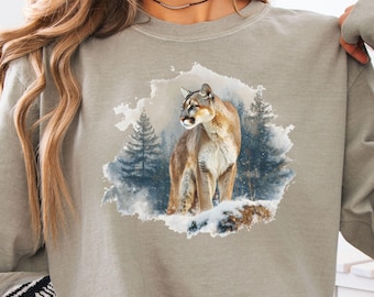 Chemise à manches longues Mountain Lion, T-shirt aquarelle couleurs confort, Chemise amateur de couguar, T-shirt nature animalière, T-shirt de camping de randonnée, Cadeau animalier