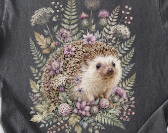Chemise hérisson fleurie, t-shirt couleurs confort, sweat-shirt hérisson mignon, t-shirt botanique cottagecore, cadeau pour amateur de hérisson