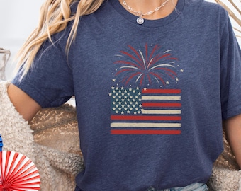USA vlag vuurwerk shirt, patriottisch rood wit blauw 4 juli tee, vintage Amerika grafisch shirt, Independence Day shirt, patriottische VS cadeau