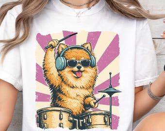 Pomeranian Drummer Shirt, Retro Pom Dog Tee, Comfort Colors Dog T-Shirt, Fluffy Dog Breed Shirt, Pom Mom Dad Gift, Funny Dog Drummer Tee