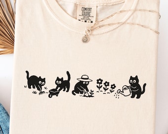 Cat Gardening Shirt, Black Cat Plant Lover Tee, Comfort Colors Cat Mom Gift, Botanical Cat Sweatshirt, Cottagecore Garden Shirt
