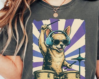 Chihuahua Drummer Shirt, Funny Retro Dog Breed Tee, Comfort Colors T-Shirt, Chihuahua Mom Dad Gift, Small Dog Rock Band Graphic Tee