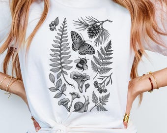 Botanical Forest Comfort Colors® Shirt, Nature Lover Tee, Plant Graphic T-shirt, Gift for Gardener, Vintage Sketch Butterfly Fern Shirt