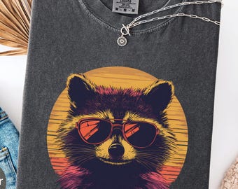 Zabawna koszulka retro z szopem, koszulka w wygodnych kolorach, koszulka retro z zachodem słońca, fajna koszulka z szopem, koszulka z memem Trash Panda, koszulka dla miłośników szopów