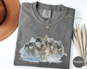 Wolf Pack Watercolor Shirt, Comfort Colors® Wildlife Tee, Realistic Wolf Snow Scene, Retro 90’s Nature Aesthetic Shirt, Wild Wolf Lover Gift