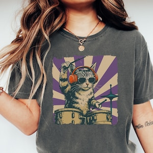 Retro Cat Drummer T-Shirt, Musical Cat Gift, Funny Cat Shirt, Musician Cat Shirt, Drummer Cat Tee, Comfort Colors Cat Shirt, Rock Cat Shirt
