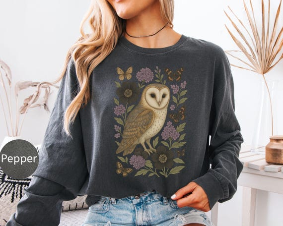 Barn Owl Long Sleeve Shirt, Comfort Colors® Owl Tee, Vintage Owl Flowers Butterflies, Cottagecore Dark Academia, Owl Lover Gift, Forestcore