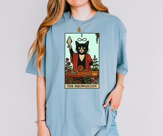 The Meowgician Cat Tarot Shirt, Comfort Colors® Cat Tee, Witchy Tarot Cat Shirt, Gift for Cat Mom, Spooky Cat Lover Gift,Halloween Cat Shirt