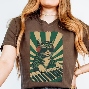 Cat Playing Piano Shirt, Funny Cat Musician Tee, Trendy Retro Cat Design, Cat Owner Shirt, Music Cat Shirt, Gift for Cat Mom, Cat Dad Shirt