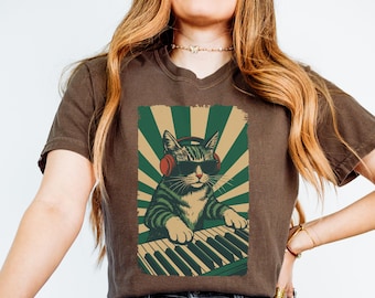 Cat Playing Piano Shirt, Funny Cat Musician Tee, Trendy Retro Cat Design, Cat Owner Shirt, Music Cat Shirt, Gift for Cat Mom, Cat Dad Shirt