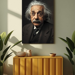 Może przedstawiać: Oprawiony portret Alberta Einsteina, z jego charakterystycznymi białymi włosami i wąsami, wisi nad żółtą drewnianą szafką. Portret jest w ciemnej, stonowanej palecie kolorów. Szafka ma nowoczesny design z połowy wieku.