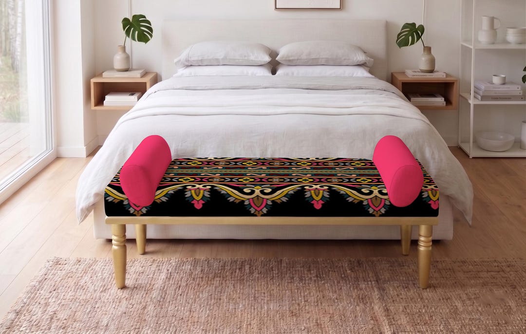 Wooden Bench, Boho Bench, Upholstered Bench, Bold Decor Piece, Modern ...