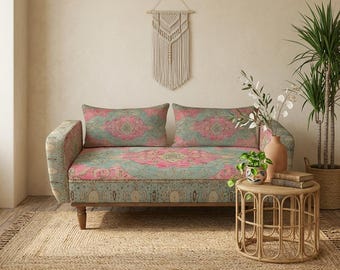 Kilim Style Storage Bench, Bohemian Upholstered Ottoman, Turkish Fabric Sofa