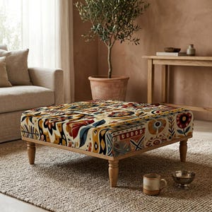 Könnte beinhalten: Ein rechteckiger Hocker mit einer bunten, gemusterten Stoffoberfläche. Das Design zeigt eine Mischung aus floralen und abstrakten Formen in Rot-, Blau-, Gelb- und Brauntönen. Der Hocker hat einen hellen Holzrahmen und vier kurze, abgerundete Beine.
