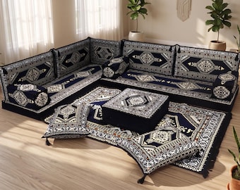 Handmade Navy Kilim Majlis Floor Sofa Set, U-Shaped Modular Living Room Couch