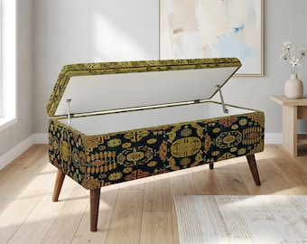 Kilim Pattern Storage Bench, Boho Ottoman, Handmade Wood, Hidden Storage Seat