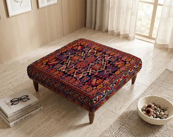 Square Ottoman Bench, Tribal Stool, Easy Install Stool, Boho Coffee Table, Upholstered Bench, Traditional Bench