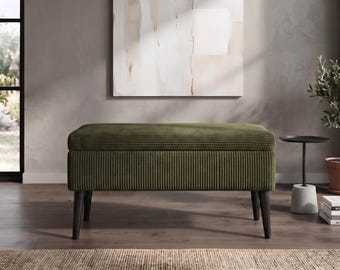 Aufbewahrungs-Fußhocker, kleine Cord-Sitzbank, Wohnzimmer-Ocker, handgefertigte Holzkiste