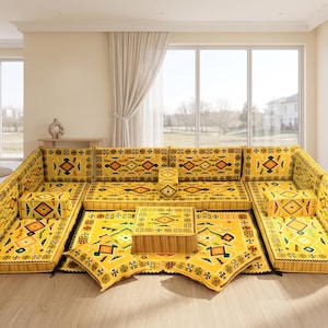 Handmade Kilim Majlis Floor Sofa Set, U-Shaped Boho Seating, Modular Living Room Furniture