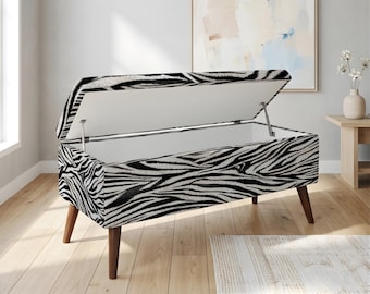 Zebra Print Storage Bench, Kilim Inspired Upholstered Ottoman, Solid Wood Furniture