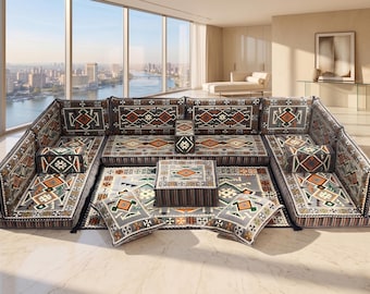 Sofá de suelo Majlis árabe gris, conjunto de asientos Kilim neutro, sofá de suelo en forma de U, salón de suelo moderno, asientos bohemios minimalistas