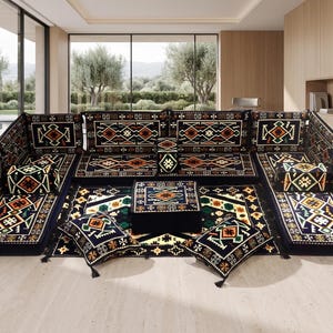 Handmade Kilim Majlis Floor Sofa Set, U Shaped Boho Seating, Modular Living Room Furniture