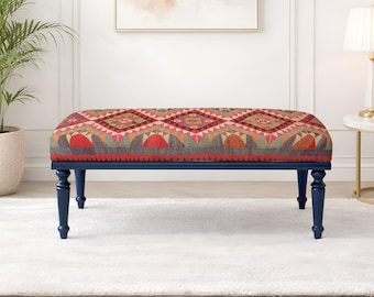 rustic gift, kilim bench, modern bench, green decor, wood legs bench, kilim inspired, tiny home decor, entryway bench