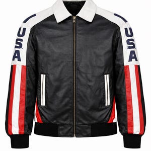 Handmade Vintage MH Hoban Style Inspired American Flag 1990s USA Leather Jacket / Fall Outerwear Leather Coat