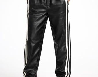 Men's Black Real Lambskin Leather Trouser Pant Streetwear Track Pants White Stripes Joggers, Gym-wear