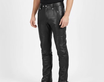 Black Real Leather Biker Pants – Handmade Quilted Knee Motorcycle Trousers with Zipper Pockets