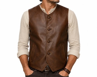 WW1 Army Style Geniune Leather Vest – Distressed Brown Motorcycle Waistcoat - Handmade Western Biker Festival Vest gift for him