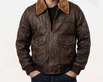 Men’s Vintage Distressed Brown Leather Bomber Jacket Shearling Collar – Ribbed Cuffs Classic Aviator Style