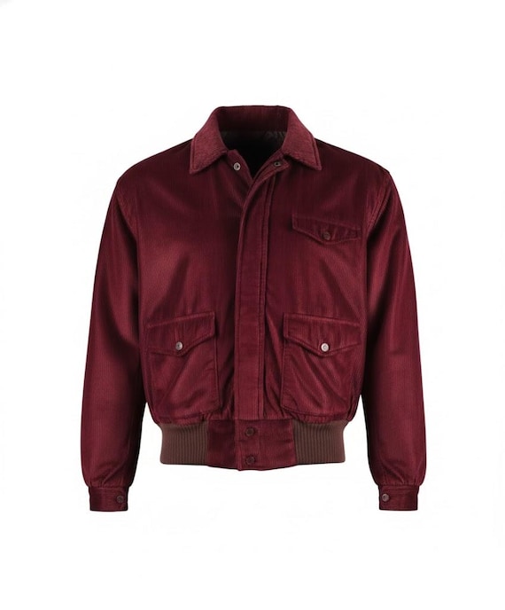 Men's Deep Red Corduroy Jacket - Classic 70s Retro Style Vintage Look Bomber