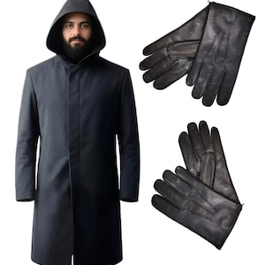 May include: A dark navy blue hooded coat and a pair of black leather gloves. The coat has a long, streamlined design with a front closure. The gloves are sleek and appear to be made of smooth leather.