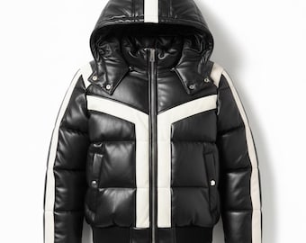 Men's Two Tone Lambskin Leather Bubble Puffer Jacket: Removable Hooded Bomber Winter Coat