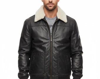 Men’s Black Real Leather Bomber Jacket with White Shearling Collar – Classic Aviator Style