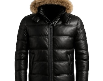 Men’s Black Real Leather Puffer Jacket with faux Fur Hood – Winter Quilted Leather Coat