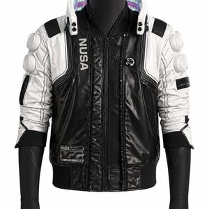 Cyberpunk V Infiltrator-inspirerad läderjacka | Vit Cyberpunk 2077 Cosplay-kostym med LED-krage