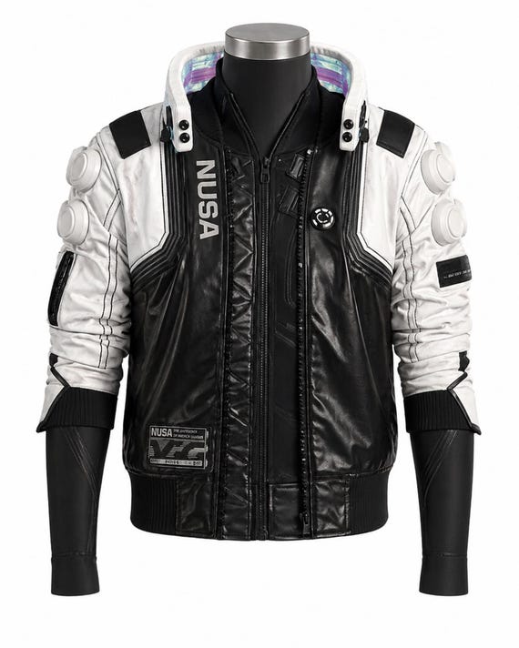 Cyberpunk V Infiltrator Inspired Leather Jacket | White Cyberpunk 2077 Cosplay Costume Outfit LED Collar