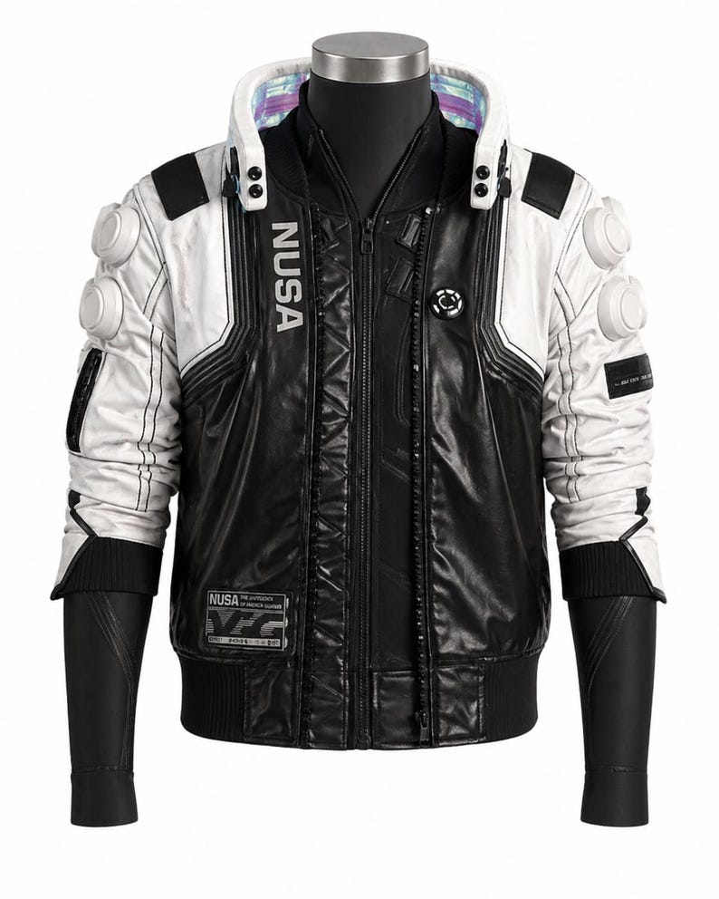 May include: A black and white jacket featuring a high collar with iridescent lining, NUSA text on the chest, and circular white padding on the shoulders. The garment includes a front zipper, black sleeves, and a rectangular patch with NUSA text.